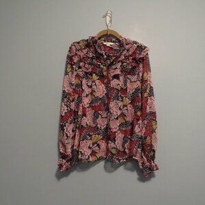 Boden Ruffle Yoke Chiffon Floral Petal Print Top Blouse Pink Metallic Dot Sz 8